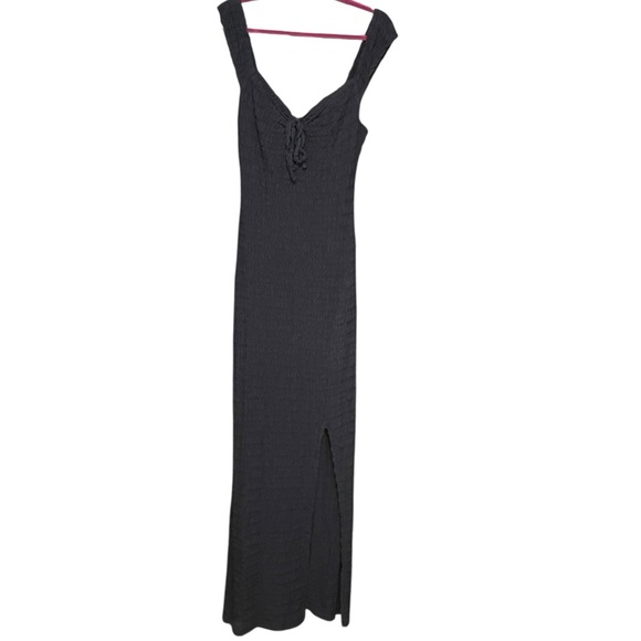 Free People Eleni Bodycon Maxi Dress Size M Black Smocked Side Slit - Picture 9 of 14